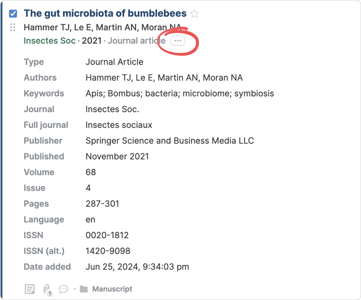 A reference expanded via its circled three-dot button to show all metadata fields — Type, Authors, Keywords, Journal, Full journal, Publisher, Published, Volume, Issue, Pages, Language, ISSN and Date added.
